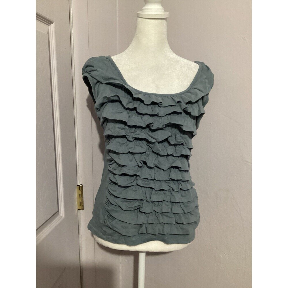 Deletta Light Blue Ruffle Sleeveless Blouse Pima Cotton S